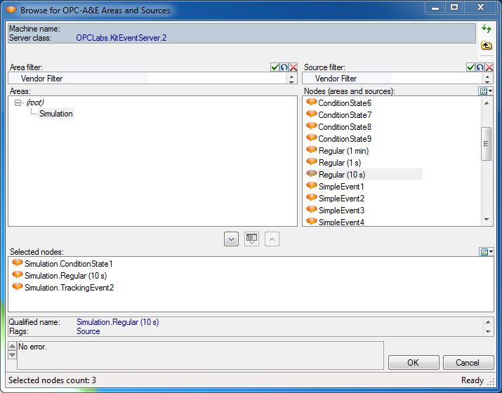 Dialog screenshot - Browse for OPC A&E Areas and Sources